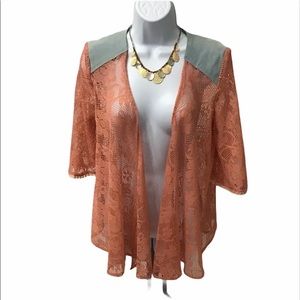 Women’s Size Medium Love Riche Boho Crochet & denim Top Laced Peach Blue